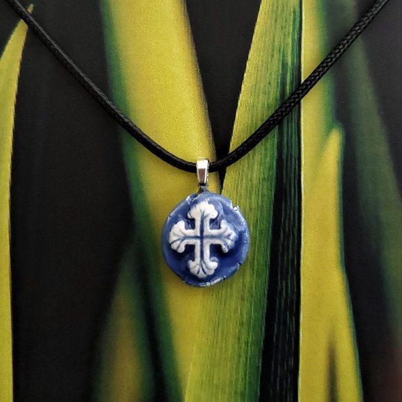 Handmade Ceramic Blue Fleur De Lis Cross Pendant Necklace - Picture 9 of 14